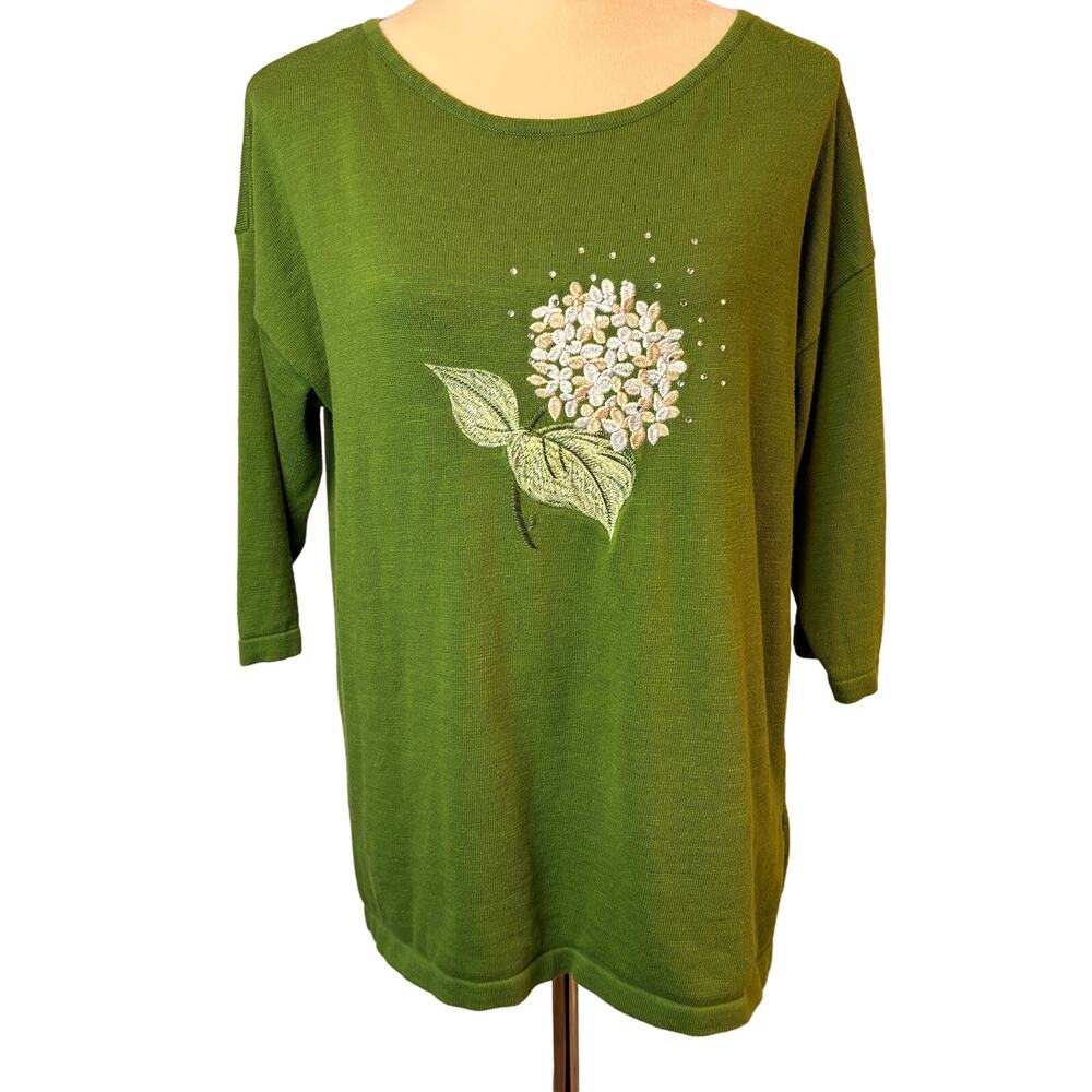 Bua/ Bua Sweater Women Small Green Embellished Embroidered 3/4 Sleeve Hydrangea